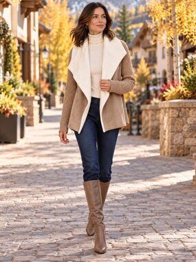 Sienna Sage Sweater Open Long Cardigan Tan and Faux Shearling Size Large Women's